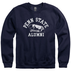 navy long sleeve crew sweatshirt with Penn State arched above Lion Shrine and Alumni